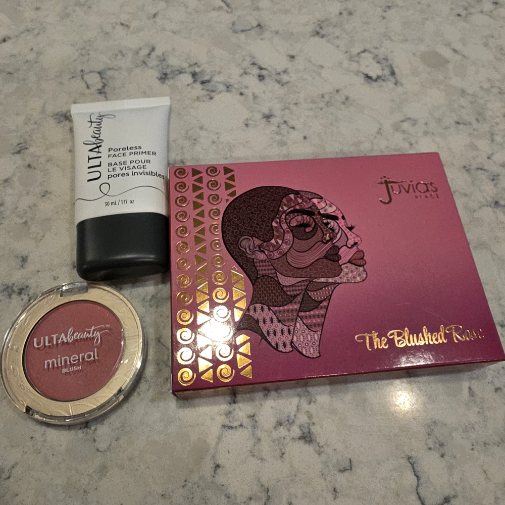 Juvia's Place Blushed Rose Eyeshadow Palette, an Ulta Mineral Blush, and an Ulta